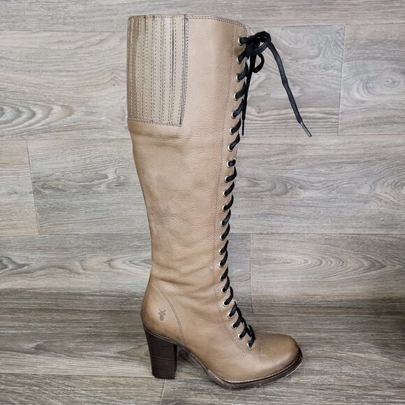 $599 Frye Julia Tall Lace Up Tan Beige Real Leather Military Zip Up Heeled Boots - Picture 14 of 14